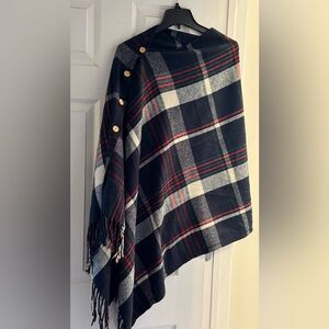 Plaid Fringe Poncho with Button Accents
